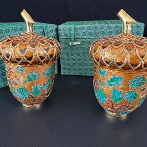 Cloisonné Style Acorn Lidded Boxes Pair Gold Enamel Library Accent